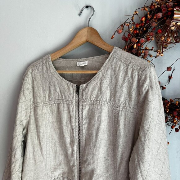 Garnet Hill Womens Everyday Zip Up Quilted Bomber Jacket Size 14 Tan Linen - Picture 3 of 13